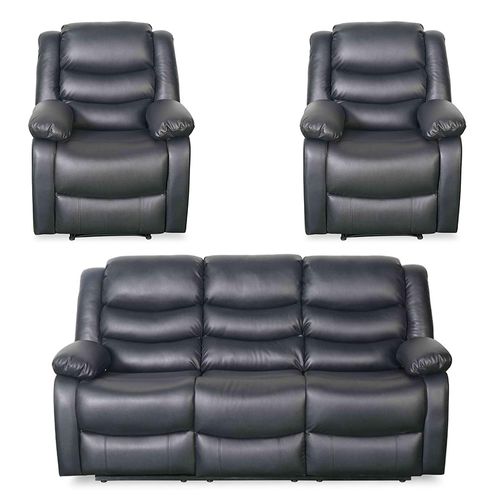 Conrad Manual Recliner Sofa Set - Black Leather - 3+1+1 Seater