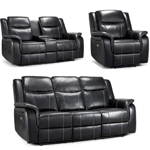 Galaxy Electric Recliner Sofa Set - Black Faux Leather - 3+2+1 Seater