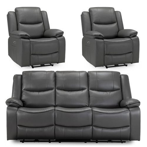 Harald Electric Recliner Sofa Set - Grey Faux Leather - 3+1+1 Seater