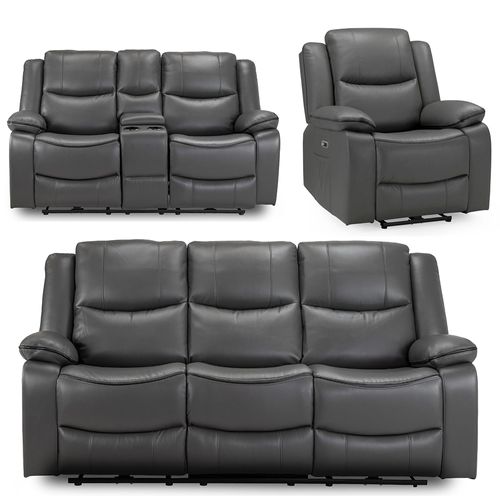 Harald Electric Recliner Sofa Set - Grey Faux Leather - 3+2+1 Seater