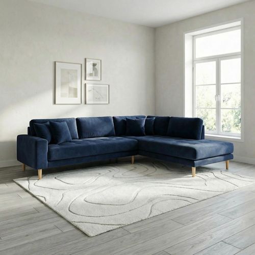 Lido Corner Sofa - Open End - Dark Blue - Velvet Fabric - Natural Legs - RHF