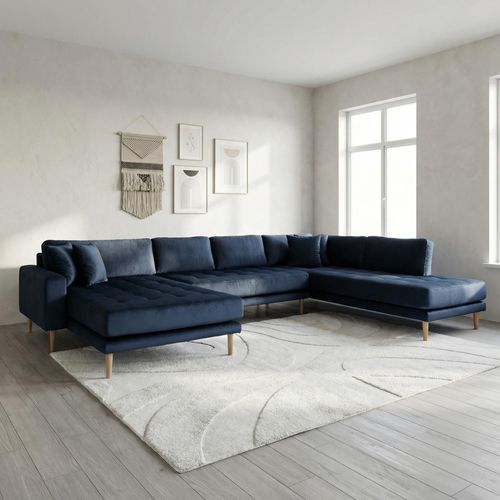 Lido U-Sofa - Open End - Dark Blue - Velvet Fabric - Natural Legs - LHF