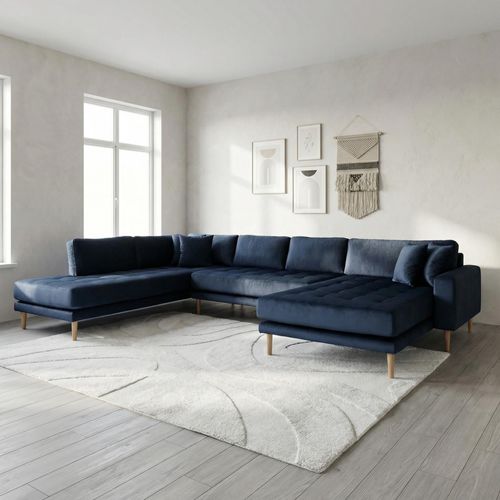 Lido U-Sofa - Open End - Dark Blue - Velvet Fabric - Natural Legs - RHF