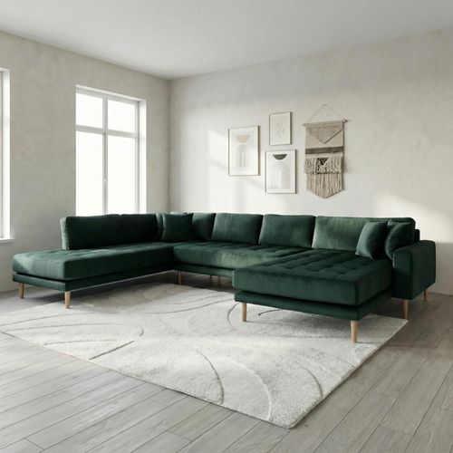Lido U-Sofa - Open End - Dark Green - Velvet Fabric - Natural Legs - RHF