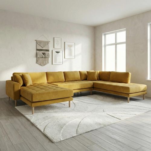 Lido U-Sofa - Open End - Mustard Yellow - Velvet Fabric - Natural Legs - LHF