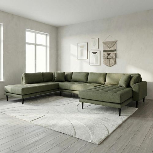 Lido U-Sofa - Open End - Olive Green - Fabric - Black Legs - RHF