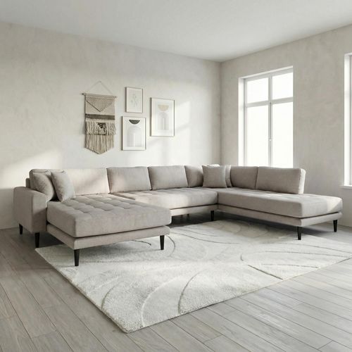 Lido U-Sofa - Open End - Stone - Fabric - Black Legs - LHF