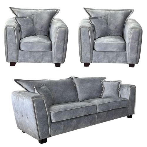Serena Sofa Set - Silver Grey Fabric - 3+1+1 Seater