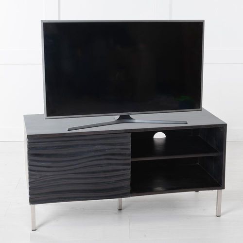 Clearance - Wave Mango Wood TV Unit, Black Ripple Pattern 100cm Wide, Stand Upto 32in Plasma - 1 Door with 2 Shelf - Brand New Item