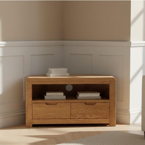 Thurlestone Curved Corner TV Unit - 2 Drawer - Oak