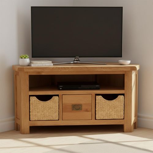 Salisbury Premium Corner TV Unit - 1 Drawer - with Baskets - Oak