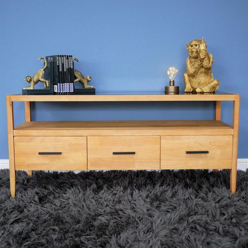 TV Unit - Wood and Black Glass - 3 Drawer