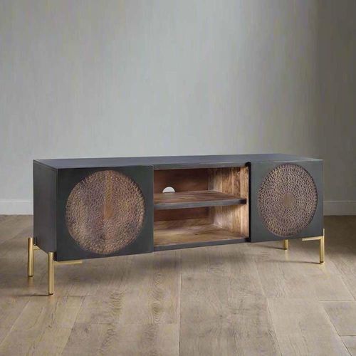 Refton TV Unit - Carved - Dark Mango Wood - 2 Door