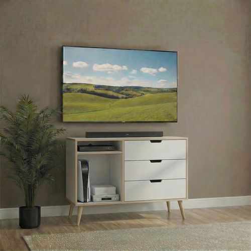 Shanghai TV Unit - 95cm - Natural Legs - White