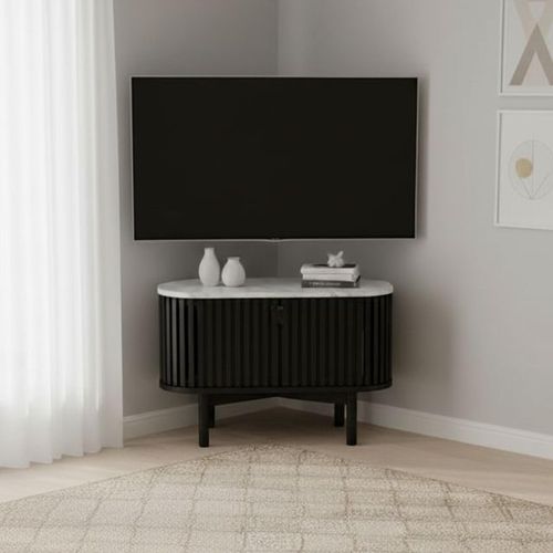 Soho Black TV Unit - Slatted Corner Storage - White Marble Top