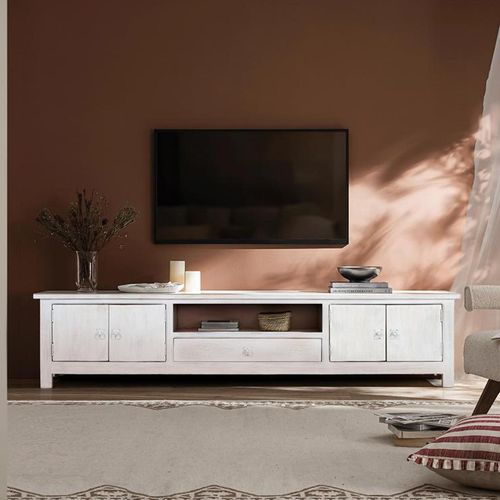 Soleil Storage Large TV Unit - White Washed - Mango Wood