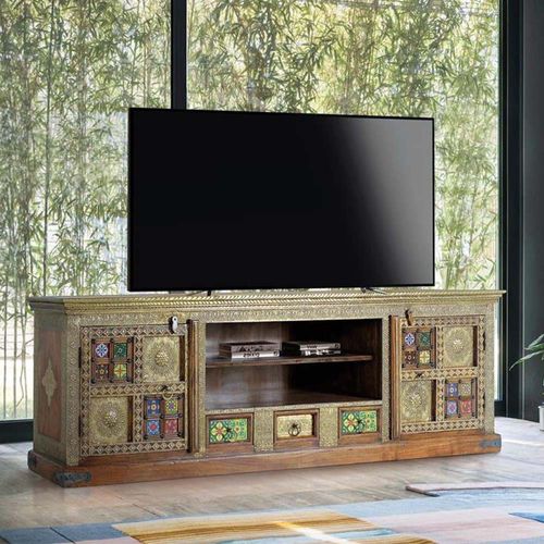 Trona TV Unit - Acacia Wood - Brass Cladded - Large Storage