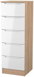 Milan White Gloss and Oak Effect 5 Drawer Narrow Chest