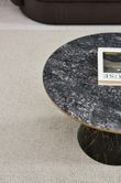 Hourglass Grey Ceramic Round Coffee Table with Black Base and Gold Trim