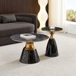 Hourglass Grey Ceramic Round Coffee Table with Black Base and Gold Trim