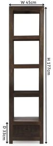 Clearance - Dakota Mango Wood Narrow Bookshelf, Indian Dark Walnut Rustic Finish, 1 Drawer Bottom Storage Shelving Unit - Open Display Unit - Brand New Item