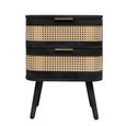 Noah Curved Bedside Table - 2 Drawer - Black and Rattan
