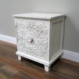 Bedside Cabinet - 2 Drawer - Off White Carved Mango Wood