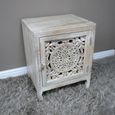 Bedside Cabinet - 1 Door - White Washed Carved Mango Wood - Small