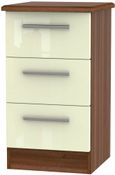 Knightsbridge Cream Gloss and Walnut Effect 3 Drawer Bedside Cabinet