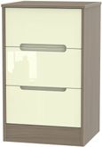 Monaco Cream Gloss and Toronto Walnut 3 Drawer Bedside Cabinet
