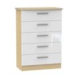 Knightsbridge White Gloss and Light Oak 5 Drawer Chest
