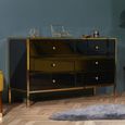 Fenwick Wide Chest - 6 Drawer - Black Glass - Gold Trim