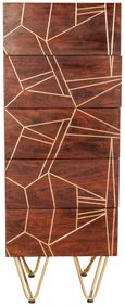 Kaza Dark Mango Wood Narrow 5 Drawer Chest - Hairpin Legs with Gold Geometric Inlay