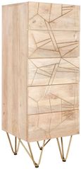 Kaza Light Mango Wood 5 Drawer Narrow Chest - Hairpin Legs with Gold Geometric Inlay