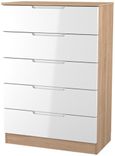 Milan White Gloss and Oak Effect 5 Drawer Chest