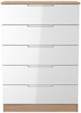 Milan White Gloss and Oak Effect 5 Drawer Chest