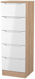 Milan White Gloss and Oak Effect 5 Drawer Narrow Chest