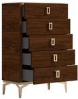 Modern Eva Tall Chest - 5 Drawer - Walnut with Gold Trim