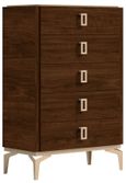 Modern Eva Tall Chest - 5 Drawer - Walnut with Gold Trim