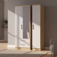Knightsbridge White Gloss and Light Oak 3 Door Tall Combi Wardrobe - 1 Mirror and LHF 2 Drawers