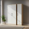 Knightsbridge White Gloss and Light Oak 3 Door Tall Triple Wardrobe - RHF 2 Drawers