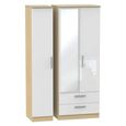 Knightsbridge White Gloss and Light Oak 3 Door Combi Wardrobe - 1 Mirror and LHF 2 Drawers