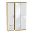 Knightsbridge White Gloss and Light Oak 3 Door Combi Wardrobe - 1 Mirror and RHF 2 Drawers