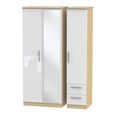Knightsbridge White Gloss and Light Oak 3 Door Combi Wardrobe - 1 Mirror and RHF 2 Drawers