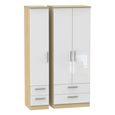 Knightsbridge White Gloss and Light Oak 3 Door Tall Triple Wardrobe - 4 Drawers