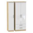 Knightsbridge White Gloss and Light Oak 3 Door Tall Triple Wardrobe - LHF 2 Drawers