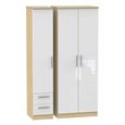 Knightsbridge White Gloss and Light Oak 3 Door Tall Triple Wardrobe - RHF 2 Drawers