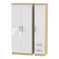 Knightsbridge White Gloss and Light Oak 3 Door Triple Wardrobe - RHF 2 Drawers