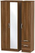 Camden Walnut Effect 3 Door Tall Combi Wardrobe - 1 Mirror and RHF 2 Drawers