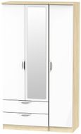 Camden White Gloss and Oak Effect 3 Door Tall Combi Wardrobe - 1 Mirror and LHF 2 Drawers